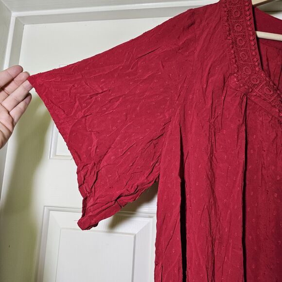 Catherine's Women’s Top Red Square Neck Crochet Lace Trim Short Sleeve Size 1X - Picture 7 of 8